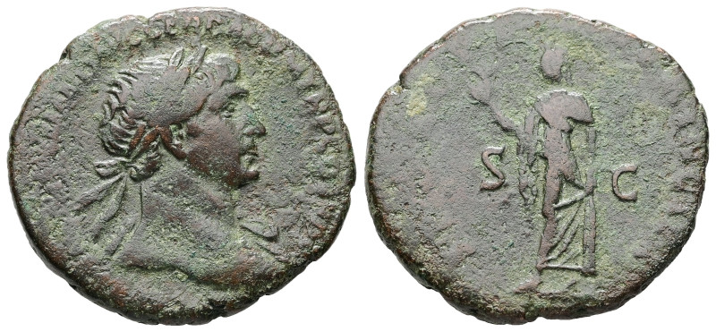 Trajan, AD 98-117. AE, As. 10.40 g. 28.54 mm. Rome.
Obv: Laureate head of Trajan...