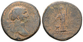 Trajan, AD 98-117. AE, As. 11.47 g. 26.47 mm. Rome.
Obv: [IMP CAES NERVAE] TRAIANO AVG GER DAC P M [TR P COS VI P P]. Head of Trajan, laureate, right...