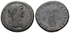 Trajan, AD 98-117. AE, Dupondius. 11.16 g. 26.84 mm. Rome.
Obv: IMP CAES NERVAE TRAIANO AVG GER DAC P M TR P COS V P P. Bust of Trajan, radiate, right...