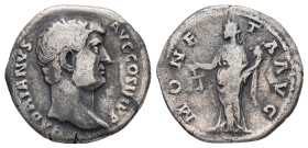 Hadrian, AD 117-138. AR, Denarius. 3.10 g. 17.26 mm. Rome.
Obv: HADRIANVS AVG COS III P P. Head of Hadrian, right.
Rev: MONETA AVG. Moneta standing le...