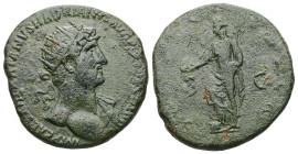 Hadrian, AD 117-138. AE, Dupondius. 10.76 g. 26.44 mm.
Obv: IMP CAESAR TRAIANVS HADRIANVS AVG PM TR P COS III. Radiate bust of Hadrian to right, with ...