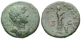 Hadrian, AD 117-138. AE, Dupondius. 11.22 g. 26.77 mm. Rome.
Obv: Radiate and cuirassed bust right.
Rev: [PIE]TAS AVGVSTI, S C. Pietas, veiled, standi...