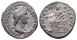 Sabina, AD 128-136/7. AR, Denarius. 3.13 g. 18.07 mm. Rome.
Obv: SABINA AVGVSTA HADRIANI AVG P P. Bust of Sabina, diademed, wearing stephane with hair...