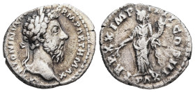 Marcus Aurelius, 161-180 AD. AR, Denarius. 2.92 g. 19.28 mm. Rome.
Obv: M ANTONINVS AVG ARM PARTH MAX. Head of Marcus Aurelius, laureate, right.
Rev: ...