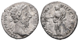 Marcus Aurelius, AD 161-180. AR, Denarius. 3.04 g. 18.16 mm. Rome.
Obv: M ANTONINVS AVG GERM SARM. Head of Marcus Aurelius, laureate, right.
Rev: TR P...