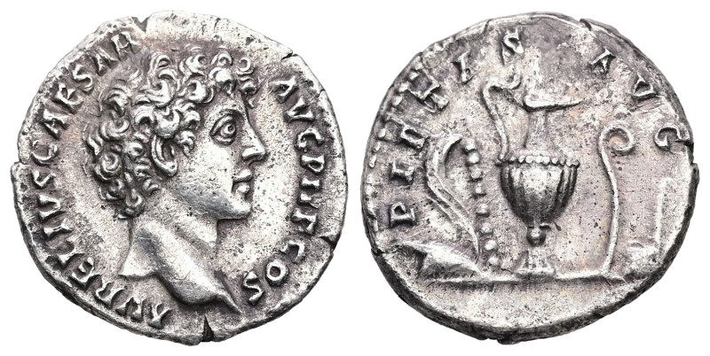 Marcus Aurelius, as Caesar, AD 139-161. AR, Denarius. 2.63 g. 17.84 mm. Rome.
O...