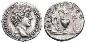 Marcus Aurelius, as Caesar, AD 139-161. AR, Denarius. 2.63 g. 17.84 mm. Rome.
Obv: AVRELIVS CAESAR AVG PII F COS. Head of Marcus Aurelius, bare, righ...