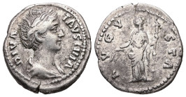 Diva Faustina, Died AD 140/1. AR, Denarius. 3.38 g. 17.95 mm. Rome.
Obv: DIVA FAVSTINA. Bust of Faustina I, draped, right, hair elaborately waved in s...
