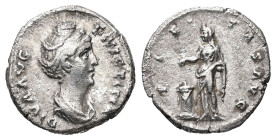 Diva Faustina, died AD 140/1. AR, Denarius. 3.26 g. 17.41 mm. Rome.
Obv: DIVA AVG FAVSTINA. Bust of Faustina I, draped, right, hair elaborately waved ...