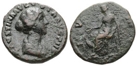 Faustina II, AD 147-176. AE, As. 9.73 g. 26.66 mm. Rome.
Obv: FAVSTINA AVGVSTA AVG PII. Draped bust right.
Rev: IVNO. Juno, draped, seated left on low...