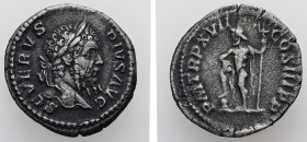 Septimius Severus, AD 193-211. AR, Denarius. 3.54 g. 19.34 mm.
Obv: SEVERVS PIVS AVG. Head of Septimius Severus, laureate, right.
Rev: P M TR P XVII C...