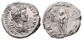 Caracalla, AD 198-217. AR, Denarius. 2.46 g. 18.98 mm. Rome.
Obv: ANTONINVS PIVS AVG. Bust of Caracalla, laureate, draped, right.
Rev: VIRTVS AVGG. Vi...