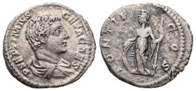 Geta as Caesar, AD 198-209. AR, Denarius. 2.48 g. 19.12 mm. Rome.
Obv: P SEPTIMIVS GETA CAES. Bust of Geta, bare-headed, draped, right.
Rev: PONTIF CO...