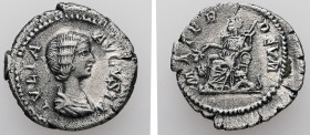 Julia Domna, AD 193-217. AR, Denarius. 3.20 g. 20.60 mm. Rome.
Obv: Bust of Julia Domna, hair waved and coiled at back, draped, right.
Rev: MATER DEVM...