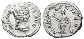 Julia Domna, AD 193-217. AR, Denarius. 2.50 g. 19.63 mm. Rome.
Obv: IVLIA PIA FELIX AVG. Bust of Julia Domna, hair elaborately waved in ridges and tur...