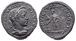 Elagabalus, AD 218-222. AR, Denarius. 3.15 g. 19.44 mm. Rome.
Obv: IMP ANTONINVS PIVS AVG. Head of Elagabalus, laureate, right.
Rev: INVICTVS SACERDOS...