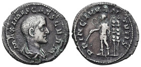Maximus as Caesar, AD 235/6-238. AR, Denarius. 2.01 g. 20.50 mm. Rome.
Obv: MAXIMVS CAES GERM. Bust of Maximus, bare-headed, draped, right.
Rev: PRINC...