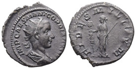 Gordian III, 238-244 AD. AR, Antoninianus. 3.49 g. 22.37 mm. Rome.
Obv: IMP CAES M ANT GORDIANVS AVG. Bust of Gordian III, radiate, draped, cuirassed,...