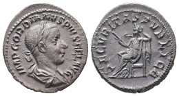 Gordian III, AD 238-244. AR, Denarius. 1.85 g. 20.06 mm. Rome.
Obv: IMP GORDIANVS PIVS FEL AVG. Bust of Gordian III, laureate, draped, cuirassed, righ...