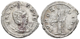 Salonina, AD 254-268. AE, Antoninianus. 3.32 g. 22.97 mm. Rome.
Obv: SALONINA AVG. Bust of Salonina, diademed, draped, on crescent, right.
Rev: IVNO R...