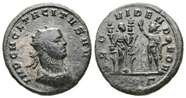 Tacitus, AD 275-276. Antoninianus. 3.63 g. 21.84 mm. Serdica.
Obv: IMP C M CL TACITVS AVG: Bust of Tacitus, radiate, draped, cuirassed, right.
Rev: PR...