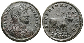 Julian II Apostata, AD 360-363. AE. 8.68 g. 28.52 mm. Siscia.
Obv: D N IVLIANVS NOB CAES. Bust of Julian, pearl-diademed, draped, cuirassed, right.
Re...