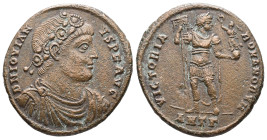 Jovian, 363-364 AD. AE, Follis. 8.82 g. 27.24 mm. Antiochia.
Obv: D N IOVIANVS P F AVG. Bust of Jovian, rosette-diademed, draped, cuirassed, right.
Re...