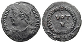 Jovian, AD 363-364. AE, Follis. 2.83 g. 18.79 mm. Constantinople.
Obv: D N IOVIANVS P F AVG. Pearl-diademed, draped and cuirassed bust left.
Rev: VOT ...