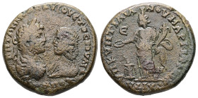 MOESIA INFERIOR, Marcianopolis. Caracalla with Julia Domna, AD 198-217. AE. 11.36 g. 26.05mm. Quintilianus, legatus consularis.
Obv: ANTΩNINOC AVΓOVCT...