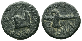 Kings of Thrace. Rhoemetalkes I, with Augustus, Circa 11 BC-AD 12. AE. 2.00 g. 14.22 mm.
Obv: ΣΕΒΑΣΤΟΥ. Fasces
Rev: ΒΑ ΡΟΙΜΗΤΑΛΚΟΥ. Sella curulis and ...