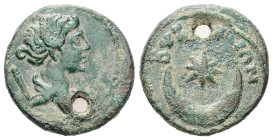 Thrace, Byzantium. Pseudo-autonomous, Second half of 2nd century AD. AE. 3.97 g. 18.70 mm.
Obv: Draped bust of Artemis, right; to left, quiver; to rig...