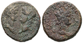 Ionia, Ephesus. Nero, AD 54-68. AE. 10.28 g. 23.97 mm.
Obv: ΝΕΡΩΝ ΠΟΠΠΑΙΑ, ΕΦ. Draped bust of Poppaea, right, facing laureate head of Nero, left.
Re...