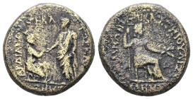 Lydia, Sardis. Tiberius, AD 14-37. AE. 5.20 g. 18.68 mm. Iulius Kleon; Memnon, magistrate.
Obv: ΣΕΒΑΣΤΟΣ ΚΑΙΣΑΡΕΩΝ ΣΑΡΔΙΑΝΩΝ. Togate figure of Tiberiu...