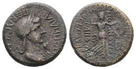 Phrygia, Acmoneia. Poppaea, Augusta, AD 62-65. AE. 3.05 g. 15.51 mm. Loukios Servenios Kapito, archon, with his wife Ioulia Severa.
Obv: ΠΟΠΠΑΙΑ ΣΕΒΑΣ...