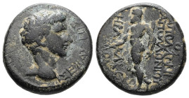 Caria, Heraclea Salbace. Tiberius? AE. 5.55 g. 20.20 mm.
Obv: ΣΕΒΑΣΤΟΣ. Bare head of Tiberius (?), right.
Rev: ΑΠΟΛΛΩΝΙΟΣ ΑΠΟΛΛΩΝΙΟΥ ΗΡΑΚΛΕΩΤΩΝ. Herac...