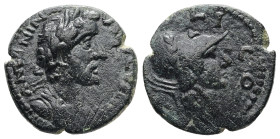 Lycaonia, Iconium. Antoninus Pius, AD 138-161. AE. 3.92 g. 18.41 mm.
Obv: ANTONINVS AVG PIVS. Laureate-headed bust of Antoninus Pius wearing cuirass a...