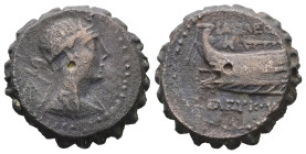 Seleukid Kings of Syria. Seleukos IV Philopator, 187-175 BC. AE. 6.10 g. 19.57 mm.
Obv: Draped bust of Dionysos right, wearing wreath of ivy and fruit...