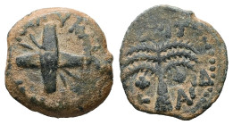 Judaea, Jerusalem. Time of Britannicus as Caesar, AD 54. AE. 3.13 g. 18.28 mm.
Obv: [ΝΕΡΩ ΚΛΑΥ ΚΑΙϹΑΡ]. Two crossed spears and shields.
Rev: [ΒΡ]ΙΤ ΚΑ...