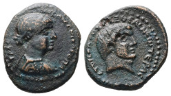 Coelesyria, Chalcis ad Belum. Mark Antony and Cleopatra, 32-31 BC. AE. 7.98 g. 24.64 mm.
Obv: ΒΑϹΙΛΙϹϹΗϹ ΚΛΕΟΠΑΤΡΑϹ. Bust of Cleopatra, right.
Rev: ΕΤ...
