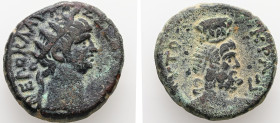 Egypt, Alexandria. Nero, AD 63/4. BL, Tetradrachm. 13.22 g. 25.31 mm.
Obv: ΝΕΡΩ ΚΛΑΥ ΚΑΙΣ Σ[ΕΒ ΓΕΡ]. Radiate head of Nero, right.
Rev: ΑΥΤΟΚΡΑ, LΙ. Bu...