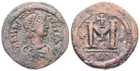 Anastasius, AD 491-518. AE, Follis. 8.96 g. 25.66 mm. Constantinople.
Rev: DNANASTA-SIVSPPAV. Bust of Anastasius I facing right with diadem, cuirass, ...