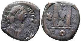 Justin I, AD 518-527. AE, Follis. 16.90 g. 32.35 mm. Constantinople.
Obv: DN IVSTI-NVS P AV. Pearl diademed, draped, cuirassed bust right.
Rev: Large ...