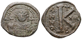 Justinian I, AD 527-565. AE, Half Follis. 11.35 g. 30.30 mm. Uncertain mint.
Obv: DN[IVSTINI]-ANVSPPAV[C]. Bust of Justinian I facing with diadem, cui...