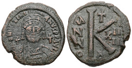 Justinian I, AD 527-565. AE, Half Follis. 12.91 g. 29.64 mm. Uncertain mint.
Obv: DNIVSTINI-ANVSPPAVC. Bust of Justinian I facing with diadem, cuirass...