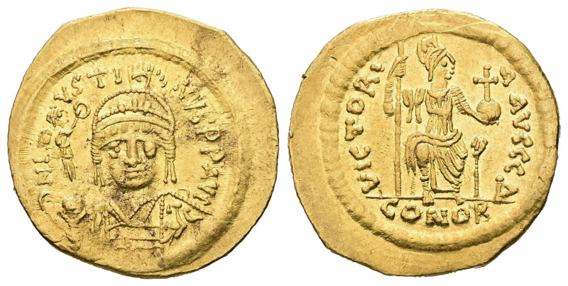 Justin II, AD 565-578. AV, Solidus. 4.32 g. 21.22 mm. Constantinople.
Obv: DNI-...