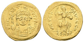 Justin II, AD 565-578. AV, Solidus. 4.41 g. 19.96 mm. Constantinople.
Obv: DNI-VSTI-NVSPPAVC. Frontal bust of Justin II with shield and cuirass and we...