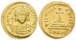 Tiberius II Constantine, AD 578-582. AV, Solidus. 4.45 g. 21.22 mm. Constantinople.
Obv: d M TIb CONSTANT P P AVG. Draped and cuirassed bust of Tiberi...