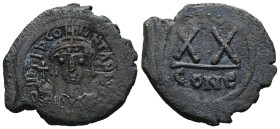 Tiberius II Constantine, AD 578-582. AE, Half Follis. 6.67 g. 27.51 mm. Constantinople.
Obv: D m TIB CON[.]TAN[..]. Frontal bust of Tiberius II Consta...