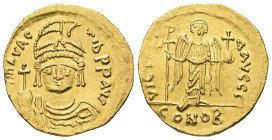 Maurice Tiberius, AD 582-602. AV, Solidus. 4.48 g. 21.84 mm. Constantinople.
Obv: [DN] MAVRC-TIbPPAVC. Frontal bust of Maurice in cuirass and helmet ...