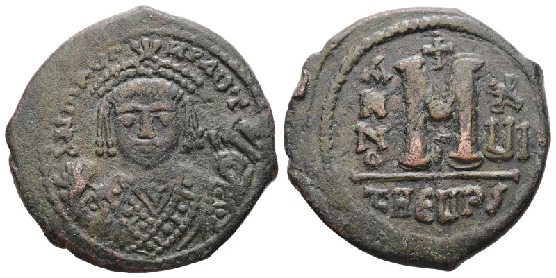 Maurice Tiberius, AD 582-602. AE, Follis. 11.04 g. 29.51 mm. Theoupolis (Antioch...